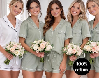 Bridesmaid Cotton Short Pyjamas – Bridal Party Gift - Sage green pj set- pink pyjama set