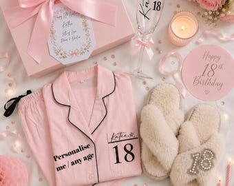 Personalised Pyjama, Flute, Slippers Gift Set | 18th/21st/30th/40th Birthday Pamper Box
