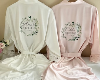 Personalised Bridal Party Robes with Lace Trim - Bridesmaid, Bride, Maid Honour