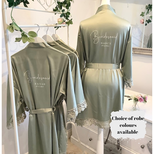 Personalised satin lace bridesmaid robes, personalised robe Helen 2, satin lace robe Sage green, wedding robes, bridal robes, white robe