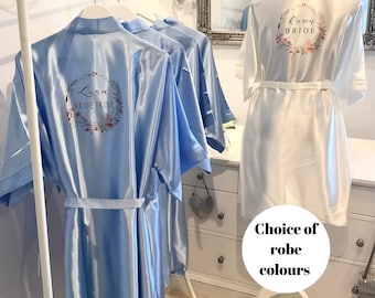 Plus size bridesmaid printed satin robes, bridal party dressing gowns, personalised blue wedding robes