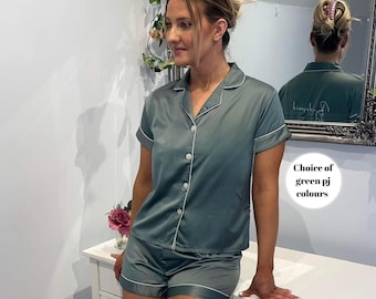 Green Satin Pyjama Set for bridesmaid - Short Sleeve Bridal Sleepwear