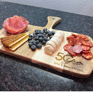 50th Anniversary Cutting Board with Handle, Wooden Charcuterie Board Personalized for Milestone, Unique Custom Keepsake for Couples