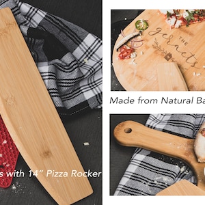 May include: A natural bamboo pizza serving board with a handle and a 14-inch pizza rocker. The board is engraved with the text "The Grants".