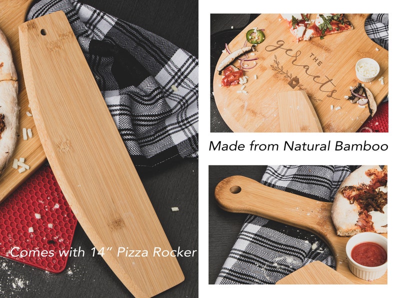 May include: A natural bamboo pizza serving board with a handle and a 14-inch pizza rocker. The board is engraved with the text "The Grants".