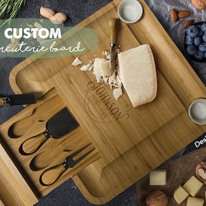 Personalized Bamboo Charcuterie Board with Utensils Drawer, Custom Engraved Cheese Board