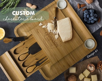 Personalized Bamboo Charcuterie Board with Utensils Drawer, Custom Engraved Cheese Board