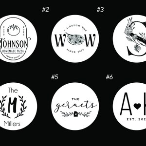 May include: Six black and white circular designs with white text on a black background. The designs include a pizza logo, a floral letter S, a letter M with a wreath, a cursive word, a letter A with a heart and a letter K, and a pizza logo with the text "A-DOUGH YOU WOW SINCE 2022".