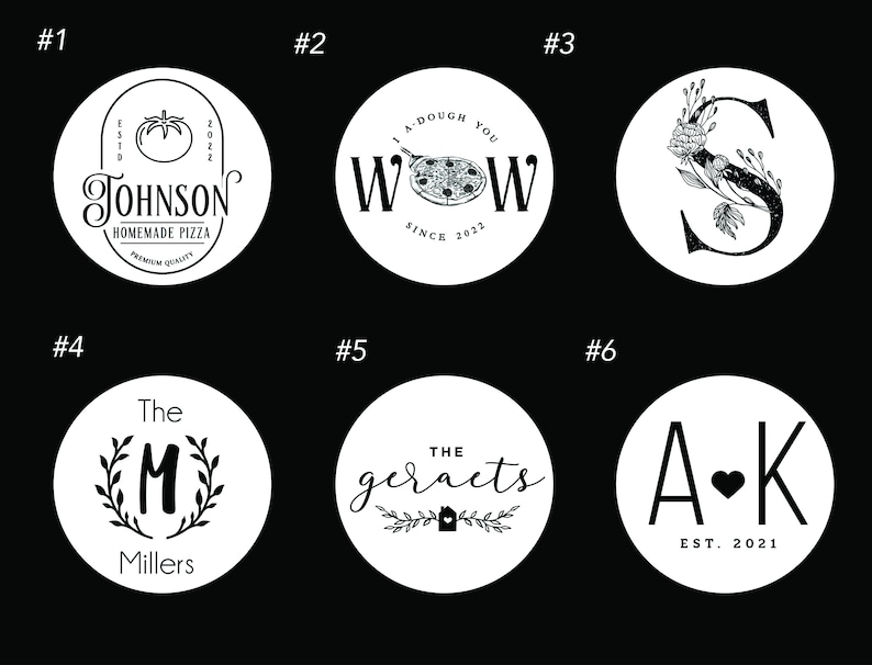 May include: Six black and white circular designs with white text on a black background. The designs include a pizza logo, a floral letter S, a letter M with a wreath, a cursive word, a letter A with a heart and a letter K, and a pizza logo with the text "A-DOUGH YOU WOW SINCE 2022".