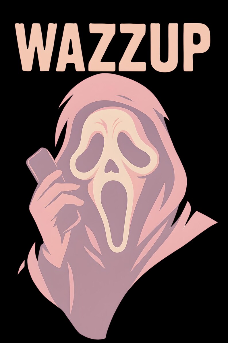 May include: A digital illustration on a black background features the word "WAZZUP" above a ghost-faced figure holding a smartphone. The figure is in shades of pink and purple.