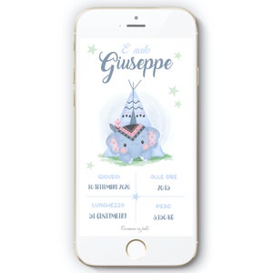 Annuncio Nascita digitale whatsapp - ELEFANTE o GIRAFFA Biglietto nascita - bambino, bambina, rosa o azzurro, bebè, neonato, Nascita
