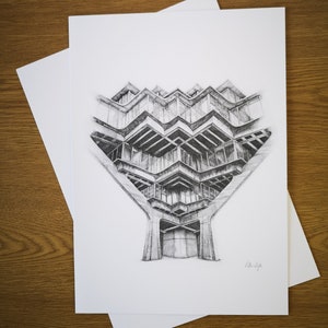May include: A black and white pencil drawing of a modern building with a unique geometric design. The building appears to be made of concrete and has many windows. The drawing is on a white background.