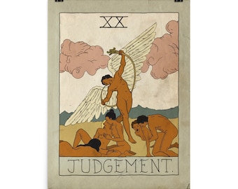 Puede incluir: Una ilustración de carta de tarot que representa la carta del Juicio. La carta presenta una figura alada con un halo, de pie sobre cuatro figuras que se levantan del suelo. La carta está titulada "Juicio" y numerada "XX".