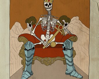 Puede incluir: Una ilustración de carta de tarot que representa al Emperador, la cuarta carta del Arcano Mayor. La carta presenta una figura esquelética que lleva una corona y está sentada en un trono, sosteniendo un cetro. La figura está rodeada por dos figuras con cabeza de carnero con alas.