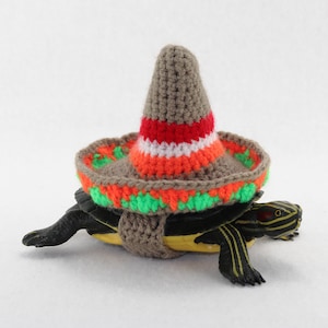 May include: A small turtle wearing a brown, orange, green, and white crocheted sombrero hat.