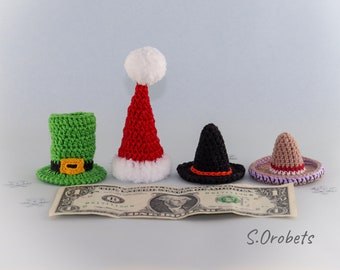 Tiny hats crochet: Santa hat, mini witch hat, magician hat, mini sombrero