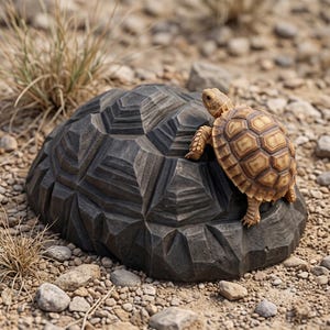May include: A small, light brown tortoise with a patterned shell climbing over a large, dark gray, geometric stone sculpture that features faceted, angular surfaces and a textured, rock-like appearance on a gravel ground.