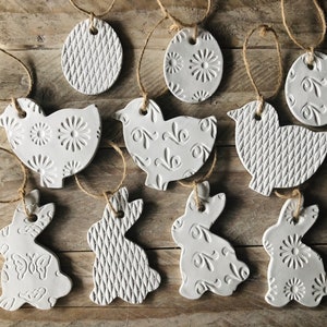 Set of 10 - Clay Easter Assorted Tree Rustic White Bunny Egg Chicken Decorations Home Ornament