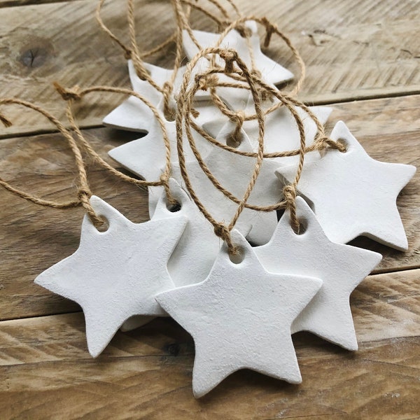 Set of 10 - Rustic White Clay Scandi Party Stars Christmas Tree Decoration Ornaments Gift