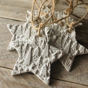 Set of 10 - Textured White Christmas Stars Clay Decoration Ornaments Gift Present