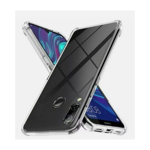 May include: A clear phone case with a black phone inside. The case has a raised bumper around the edges to protect the phone from drops.