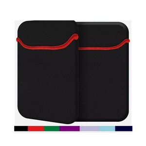 May include: Two black laptop sleeves with red trim. The sleeves are made of a soft, padded material and have a zipper closure.