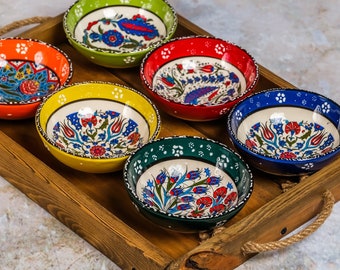 Turkish Ceramic Bowls (12 cm), Medium Meze Plates, Floral Design Serving Bowls, Traditional Unique Mother's Day Gift for Home