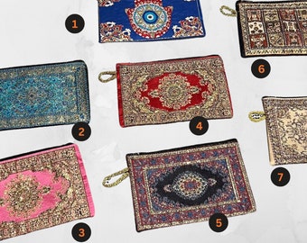 Kilim Coin Purses, Bohemian Bags, Handy Storage Make-Up Bags, Oriental Zippered Envelop Bags, Turkish Rug Carpet Patterned, 9.5x15