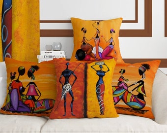 Set of 4, African Ethnic Figured Pillow Cover, Modern Design Patterned Decorative Pillow Cover, Woman Art Dancing Lady, Mother's Day Gift