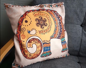 Ethnic Indian Embroidered Pillow Cover, Elephant Themed Home Decor, Elephant Pattern 3D Digital Printed Cushion Cover - 43x43