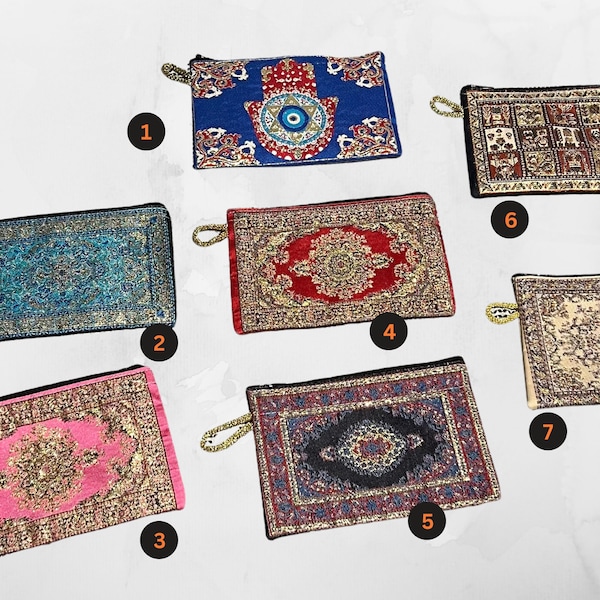 Kilim Coin Purses, Bohemian Bags, Handy Storage Make-Up Bags, Oriental Zippered Envelop Bags, Turkish Rug Carpet Patterned, 9.5x15