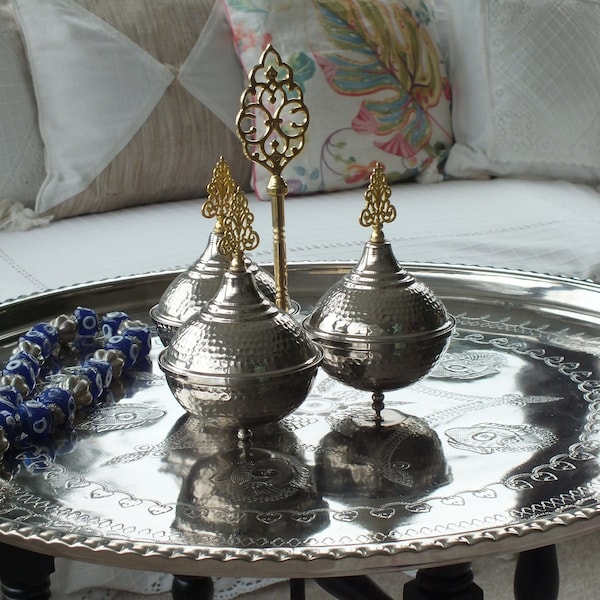 Set of 3 Handmade Silver Sharing Bowls with Lids, Shiny, Decorative, and Turkish Mini Serving Bowls, Unique Mother's Day Gift for Home