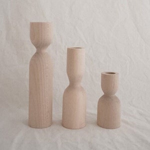Set of 3, Natural Wooden Candlesticks, Minimalist Wood Candle Holder, Scandinavian Home, Unique Christmas Table Decoration Gifts, 10X14X18 image 2