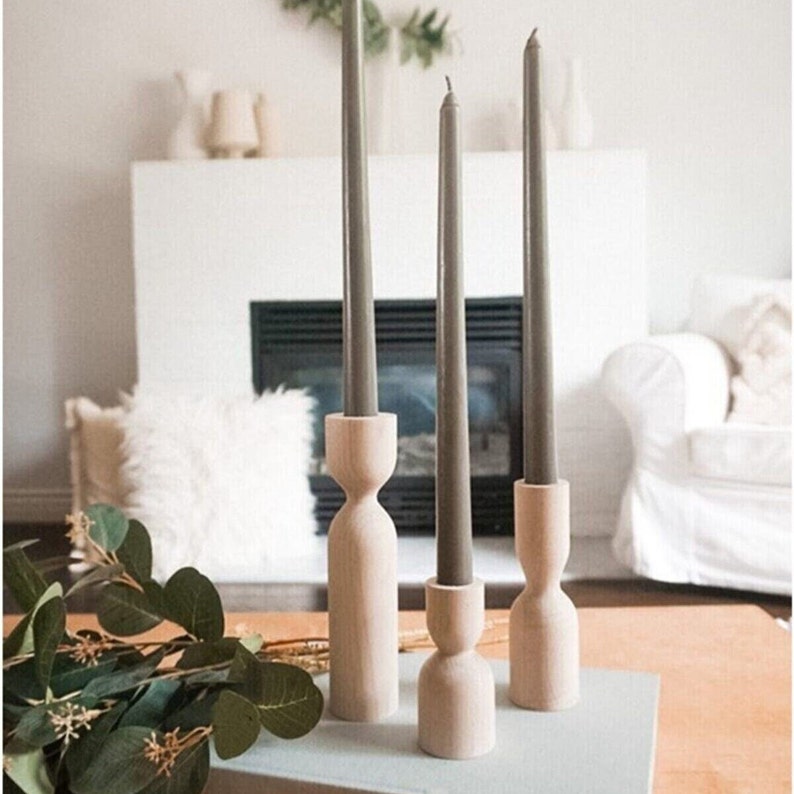 Set of 3, Natural Wooden Candlesticks, Minimalist Wood Candle Holder, Scandinavian Home, Unique Christmas Table Decoration Gifts, 10X14X18 image 6