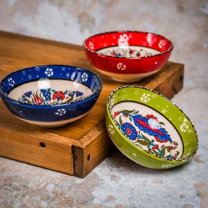 Hand Painted Ceramic Bowls (12 cm) Set, Medium Size Meze Fruit Snack Plates, Table and Home Decoration Ideas, Mother's Day Gift for Home