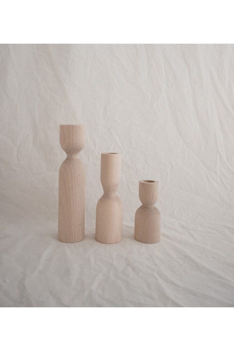 Set of 3, Natural Wooden Candlesticks, Minimalist Wood Candle Holder, Scandinavian Home, Unique Christmas Table Decoration Gifts, 10X14X18 image 2