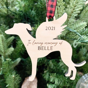 Greyhound Memorial Ornament in red and black buffalo plaid ribbon.  Personalization included.