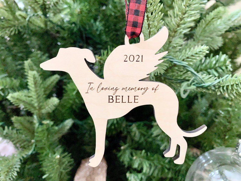 Greyhound Memorial Ornament in red and black buffalo plaid ribbon.  Personalization included.
