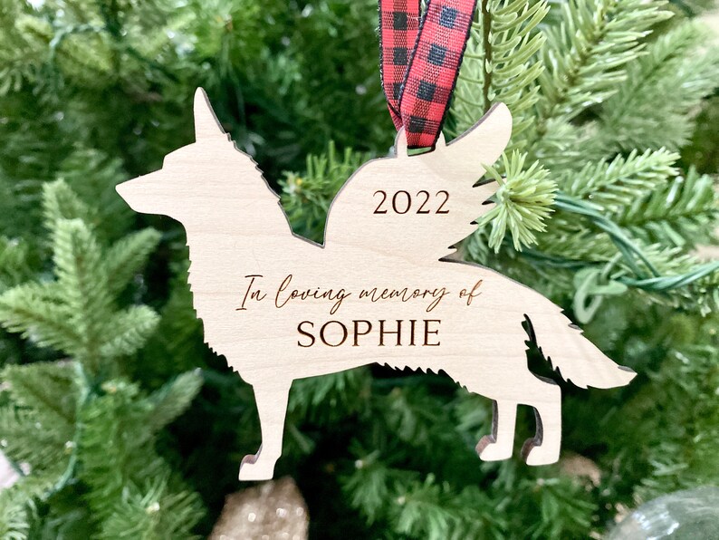 German Shepherd Angel Ornament with wings in red buffalo ribbon.