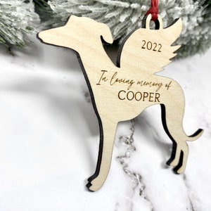 Wooden Greyhound Memorial Ornament in red ribbon.
