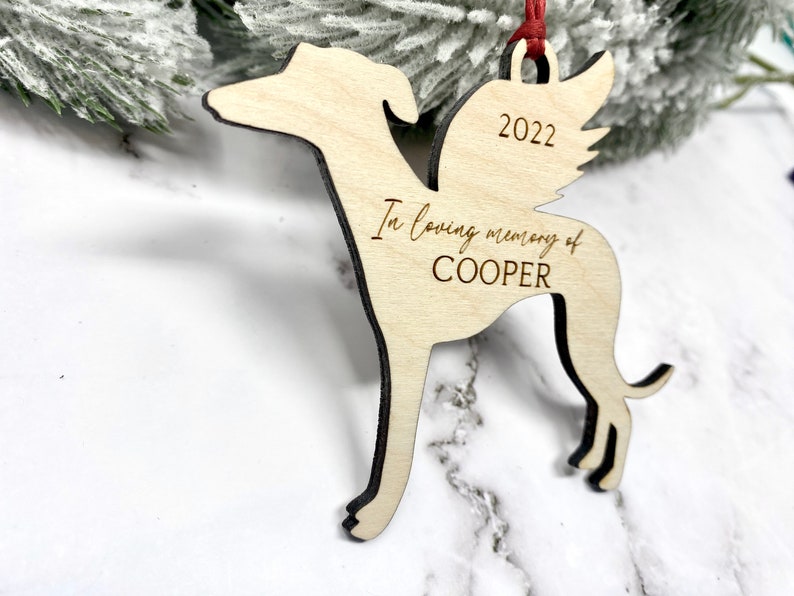 Wooden Greyhound Memorial Ornament in red ribbon.