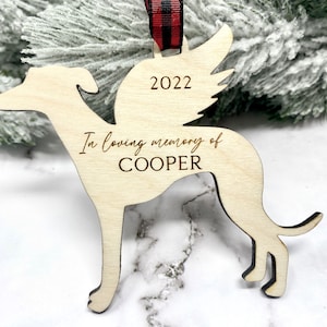 Greyhound Memorial Ornament, Greyhound Ornament, Greyhound Dog, Greyhound Angel, Loss of Greyhound Gift, Greyhound Mom, Wood Ornament, Greyhound Memorial Ornament in red and black buffalo plaid ribbon.  Personalization included.