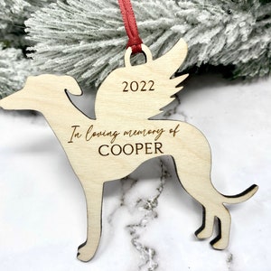 Greyhound Memorial Ornament in red ribbon.  Personalization included.