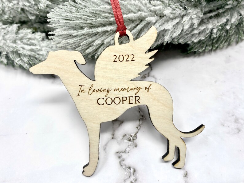 Greyhound Memorial Ornament in red ribbon.  Personalization included.