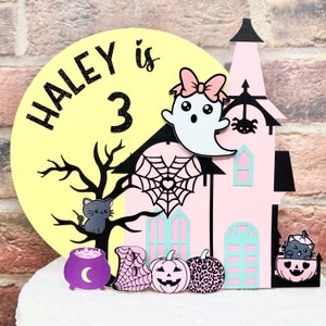 Halloween Cake Topper, Boo Cake Topper, Ghost Cake Topper, Haunted House Cake Topper, Spooky Cake Topper, Pink, Girl, Pumpkin, Cauldron