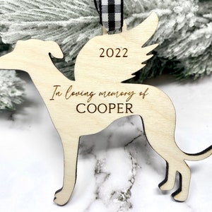 Greyhound Memorial Ornament, Greyhound Ornament, Greyhound Dog, Greyhound Angel, Loss of Greyhound Gift, Greyhound Mom, Wood Ornament, Wooden Greyhound Memorial Ornament in black and white buffalo plaid ribbon.  Personalization included.