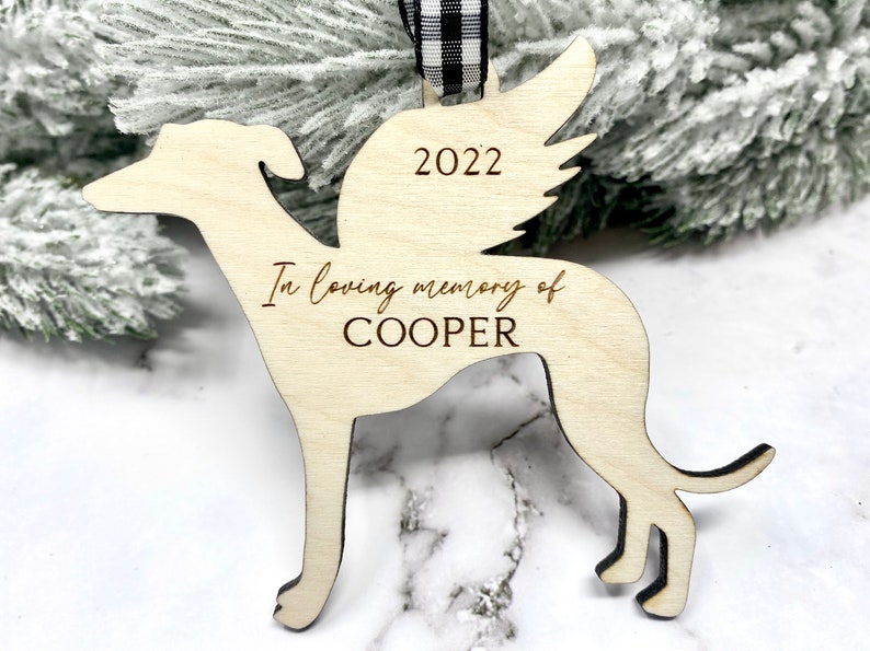 Greyhound Memorial Ornament, Greyhound Ornament, Greyhound Dog, Greyhound Angel, Loss of Greyhound Gift, Greyhound Mom, Wood Ornament, Wooden Greyhound Memorial Ornament in black and white buffalo plaid ribbon.  Personalization included.