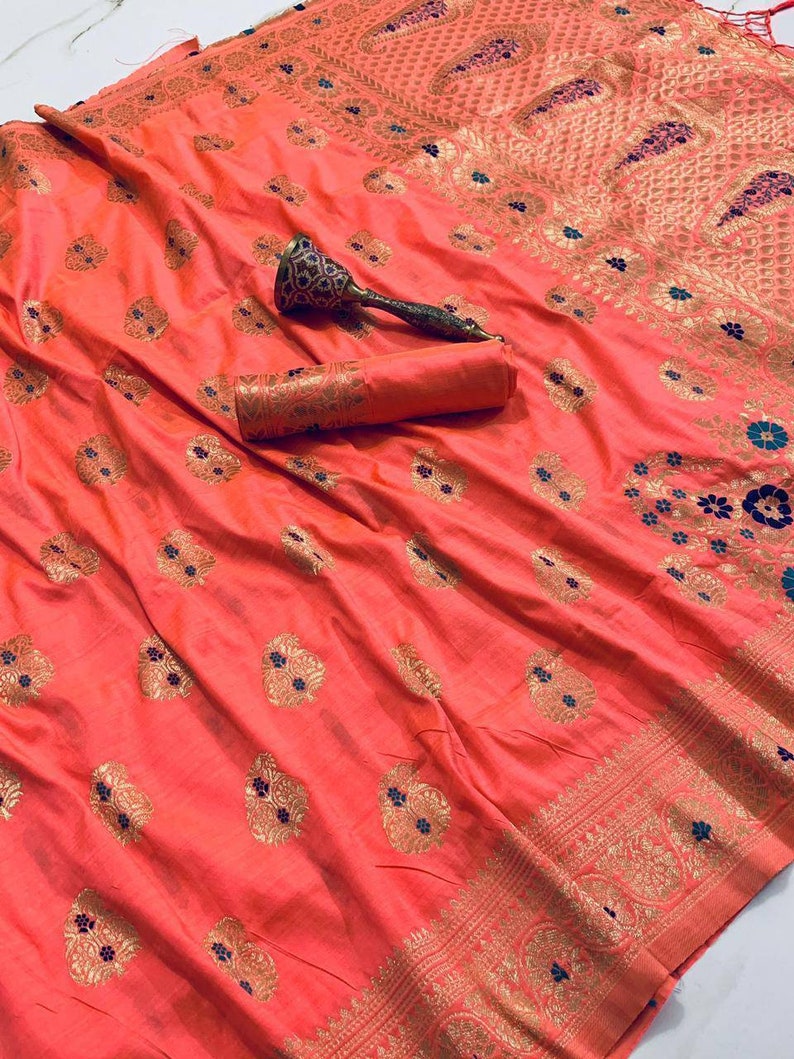 pure silk Orginal mina jari with heavy weaving work saree and blouse for women,indian saree,saree dress,wedding saree,sari,peach color saree