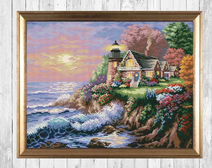 Lighthouse Cross Stitch Pattern Modern Cross Stitch Pattern Sea Side X ...