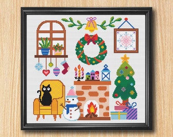 Weihnachtsdeko Kreuzstichmuster Weihnachtskatze Kreuzstich Kamin Kreuzstich Schneemann Kreuzstichmuster Winter Kreuzstich PDF